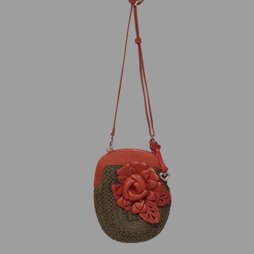 New BRIGHTON Dark Brown Straw with Orange Leather 3D Flower Shoulder Bag - Picture 2 of 12